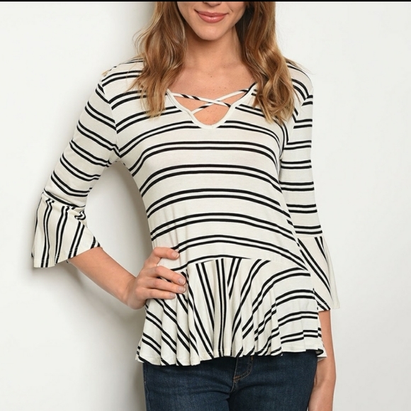 Sweet Claire Tops - Ivory & Black Peplum Stripe Top